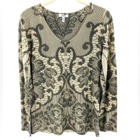 Vtg Cache Womens Metallic Scroll Top Size M Semi Sheer Stretch Long Sleeve Y2K - Picture 1 of 9